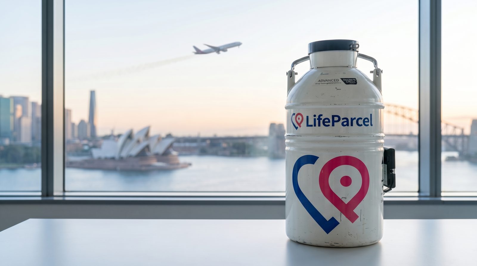 LifeParcel dry shipper by a window overlooking Sydney Harbour as a plane takes off